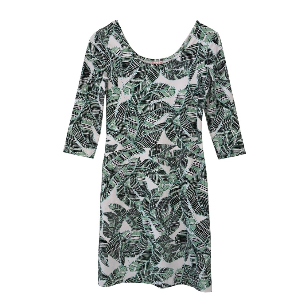 Persifor Kilpatrick Dress XS Green Leaf Print 3/4 Sleeve Stretch‎ Knit Shift